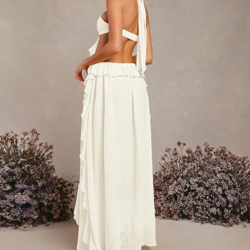 Apricot Sexy Women's Elegant Rosette Halter Neck Ruffle Maxi Dress - Picture 2 of 5